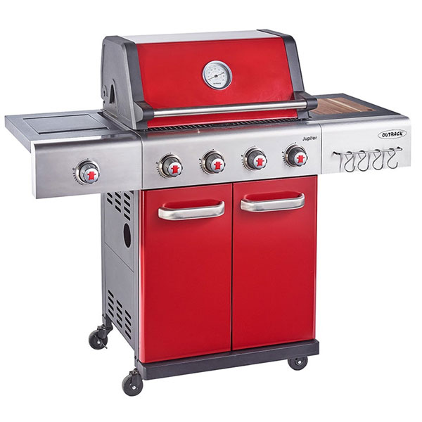 Outback Jupiter 4 Burner Hybrid Barbecue with Chopping Board | Red